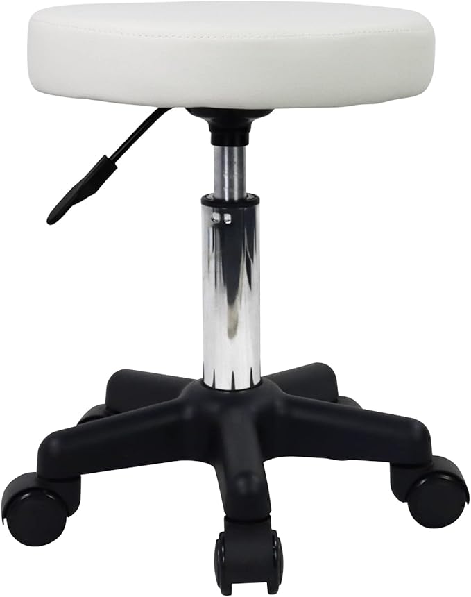 FURWOO Round Rolling Stool with Wheels Height Adjustable Spa Stool for Salon Massage Home Kitchen White