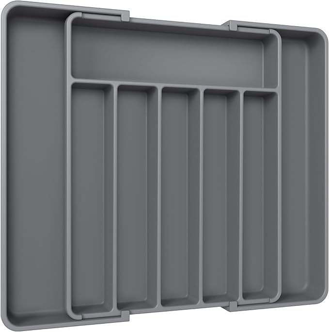 Aujen Cutlery Drawer Organiser - Expandable Kitchen Drawer Storage Organiser, Adjustable Cutlery Tray, Multipurpose Utensil Organisation for Forks, Knives, Grey, 34 x 4 x 26~50 cm