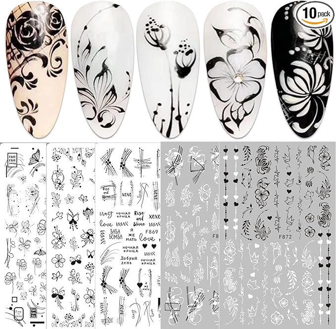 jmeowio 10 Sheets Spring Flowers Nail Art Stickers Decals Self-Adhesive Black White Blossom Floral Nail Supplies Nail Art Design Decoration Accessories