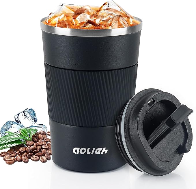 Travel Mug, Insulated Coffee Cup,Double Walled Travel Mug Vacuum Insulation Stainless Steel with Leakproof Lid Eco-Friendly Reusable Cup for Coffee,Tea and Beer(Black-380ML)