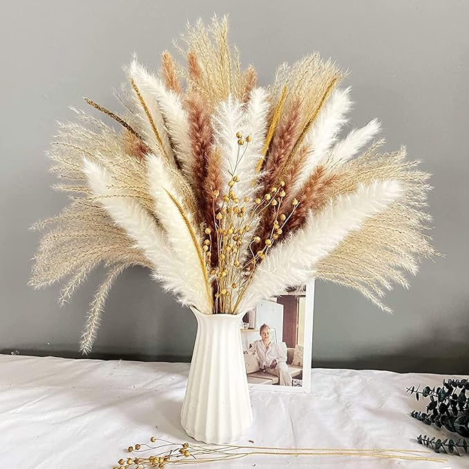 90Pcs Natural Dried Pampas Grass Bouquet for Home Decor - Fluffy Artificial Phragmites Dried Flowers - DIY Boho Plant for Floral Arrangements and Decorations