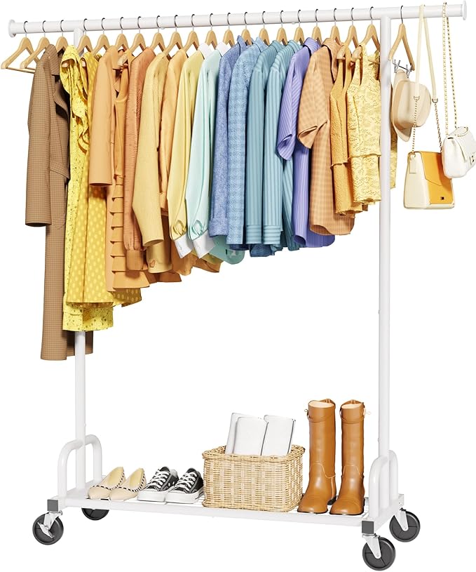 Clothes Rail – Heavy Duty Clothes Rack with Wide Fixed Rod, Built-In Mesh Shelf, Space-Saving Clothing Rail for Bedroom, Laundry Room, Entryway, 116 x 43 x 150 cm, White