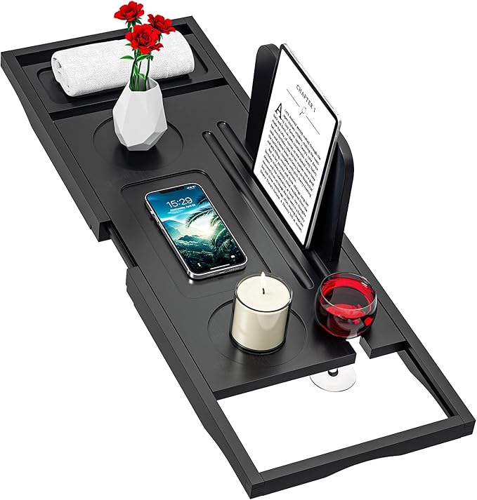 Premium Bath Tray Caddy Black - Bath Trays for Across The Bath - Bamboo Bathtub Tray - Expandable Size, Fits Most Bath Tubs