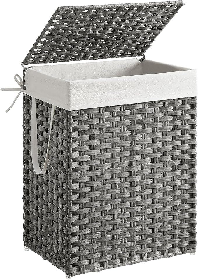 SONGMICS - Storage Basket - 90L Dirty Laundry Basket with Lid - Foldable, Removable Fabric Bag and Handles - For Blankets, Clothes, Living Room, Bedroom, Laundry Room - Grey - LCB51WG
