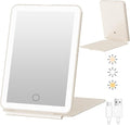 FUNTOUCH Rechargeable Makeup Mirror with Lights, Lighted Travel Portable Light up Beauty, 3 Color Lighting, Dimmable Touch Screen, Tabletop Desk LED Foldable Cosmetic Mirrors with Lights (Straw)
