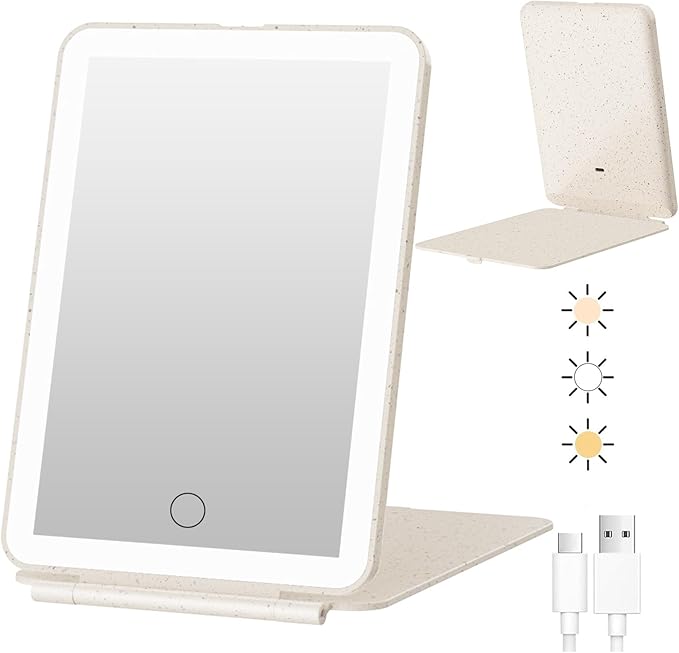 FUNTOUCH Rechargeable Makeup Mirror with Lights, Lighted Travel Portable Light up Beauty, 3 Color Lighting, Dimmable Touch Screen, Tabletop Desk LED Foldable Cosmetic Mirrors with Lights (Straw)