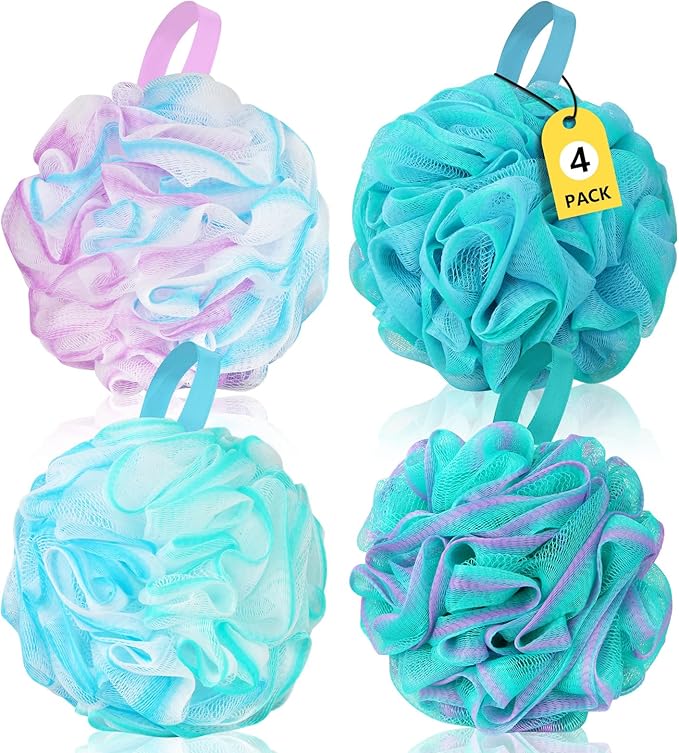 Shower Puff Loofah Sponge Extra Large,Set of 4,75G/PC, Soft Body Scrubber Bath Sponge for Women and Men,Scrunchie Mesh Pouf Bathroom Sponge Skin Exfoliating