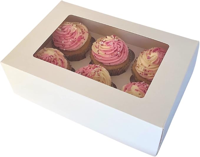 25-Pack Premium 6 Cupcake Boxes| White Bakery Boxes with Clear Window | Pop-Up Design & Adjustable Insert for Cupcakes or Muffins | Recyclable Food-Grade Cardboard | Made in the UK