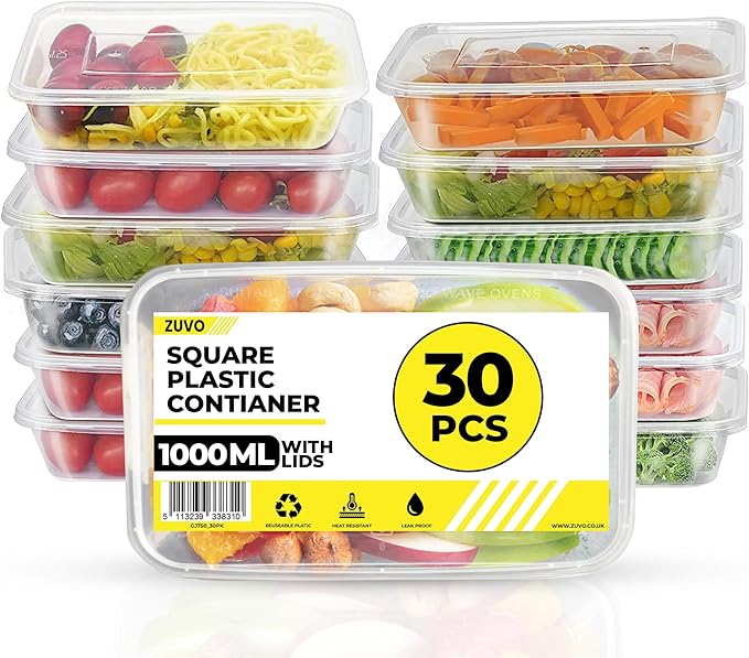 Zuvo Plastic Microwave Food Takeaway Freezer Safe- Reusable Lunch Boxes 30 Pack - Food containers And Lids