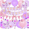 Purple and Pink Birthday Decorations, Happy Birthday Banner and Purple Pink Balloons, Butterfly Stickers and Circle Dot Paper Garland, Bunting Banner, for Women Girls Party Decoration