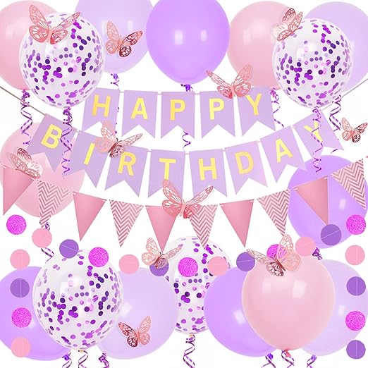 Purple and Pink Birthday Decorations, Happy Birthday Banner and Purple Pink Balloons, Butterfly Stickers and Circle Dot Paper Garland, Bunting Banner, for Women Girls Party Decoration