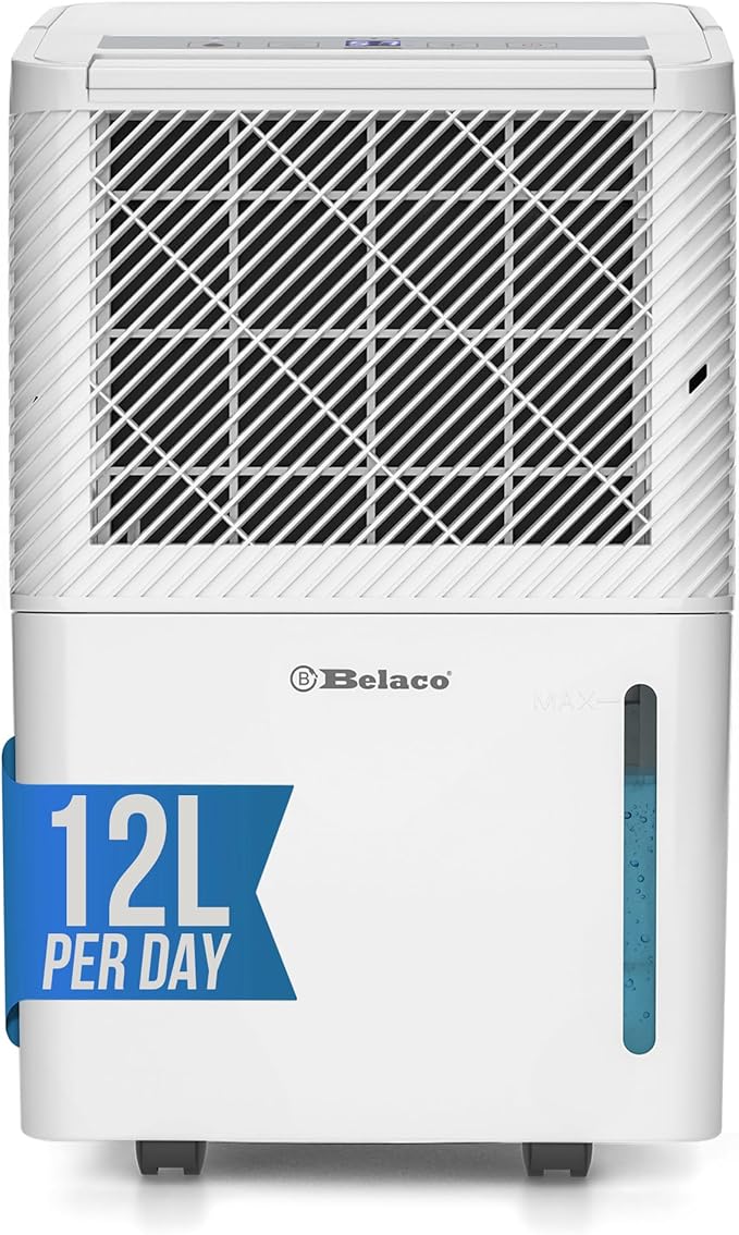 Belaco 12L Compressor Dehumidifier for Home, Portable Moisture Remover for Damp & Condensation, Digital Humidity Display, 24-Hour Timer, Compact Dehumidifier for Bedroom & Laundry