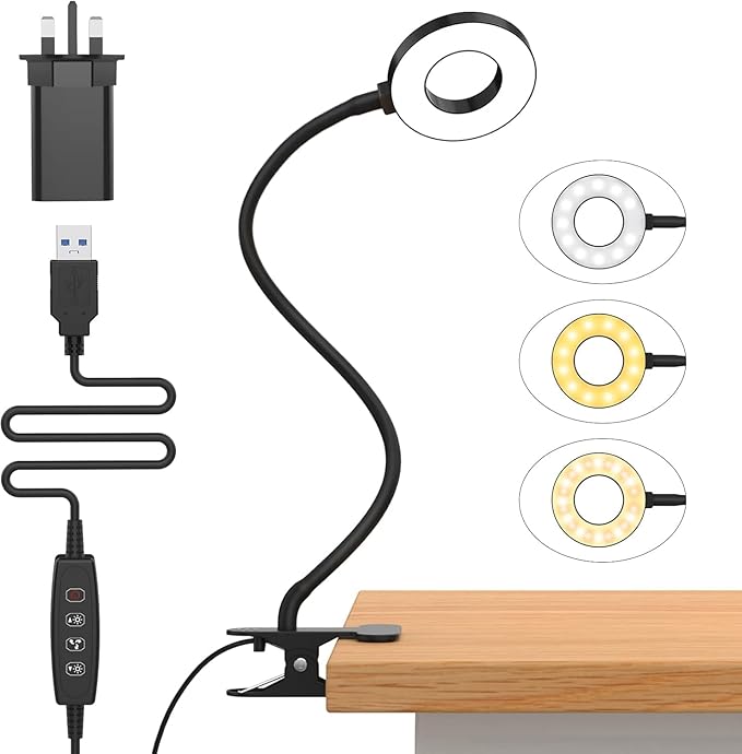 iZELL LED Desk Lamp with USB Adapter【3 Color Modes 10 Brightness】 Eye Caring Clip on Clamp Light, 40cm Flexible Arm Book Ring Light for Gaming/Video Conference/Reading, Clip on Table, Headboard[Energy Class F]