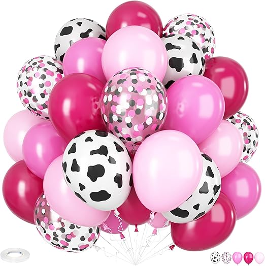 Cow Balloons, 12 Inch Cow Print Balloons Hot Pink Balloon, Cow Pink Pastel Pink and Black Confetti Balloon for Cowgirl Theme Bithday Baby Shower Rodeo Farm Western Party Decorations
