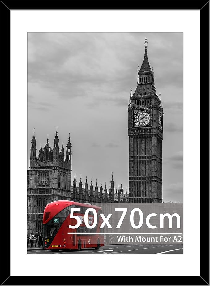 50x70cm Black Frame - Engineered Wood and Plexiglass, Picture Frames 50cm x 70cm with A2 Mount for Prints, Photos, and Posters, Wall Mountable