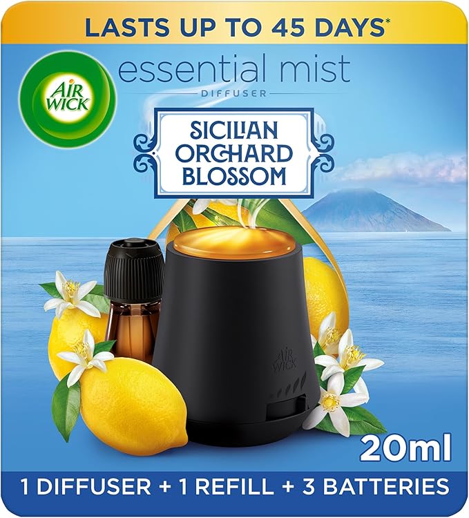Air Wick Essential Mist Diffuser Kit, Sicilian Orchard Blossom, 1 Device & 1 Refill (20ml), Natural Essential Oils, Last up to 45 Days, Air freshener
