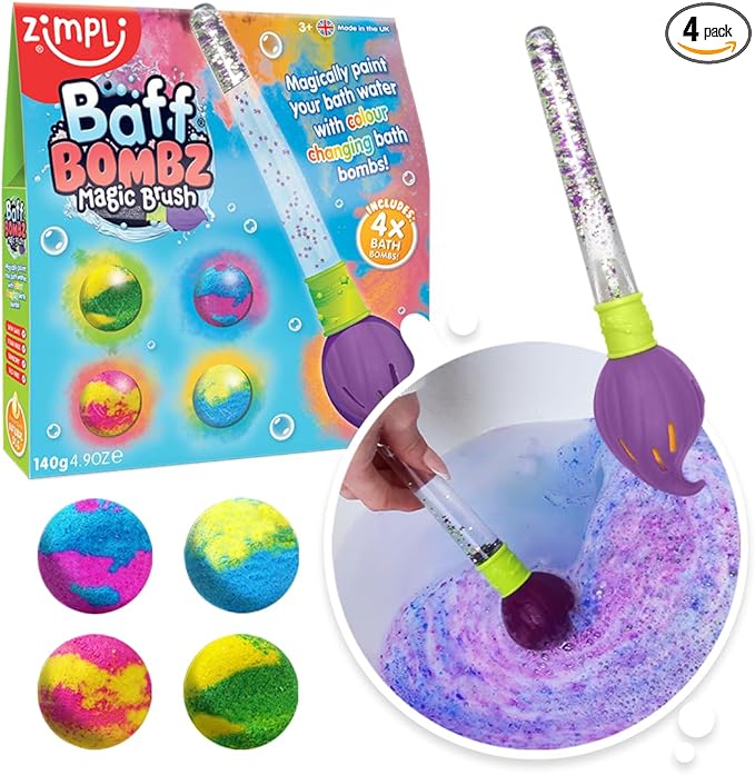 ZIMPLI - Baff Bombz Magic Brush, 4 x Bath Bombs, Magic Wand, Magically paint your bath water with this Creaitve Toy for Children, Re-Fill Packs Available in 4's, 12's or 20's in our ZIMPLI - store