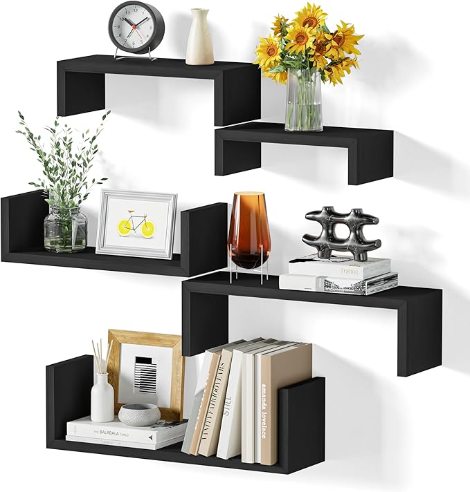 SRIWATANA Black Floating Wall Shelves Set of 5, Wooden Shelves for Wall Decor, Display Shelves Book Shelf for Living room, Kitchen, Bathroom, Bedroom Wall Mounted