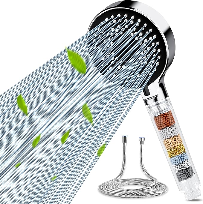 Filter Shower Head and Hose 1.5 M, High Pressure Shower Head with 5 Spray Modes, Universal Hard Water Filter Showerhead for Residual Chlorine Removal