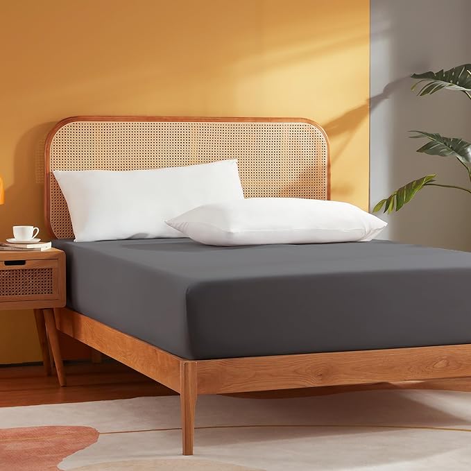 Sonive Double Fitted Sheet, Deep Pocket 11.8 inch (30 cm), Fully Elasticated, Soft Brushed Polyester(145gsm), Dark Grey, 135 x 190 + 30cm