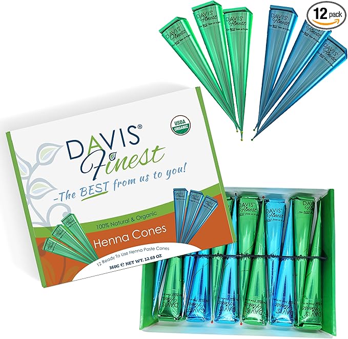 Davis Finest - Natural Henna Cones - Pack of 12 x 30g - 100% Organic & Chemical-Free Mehndi Paste - Dark Brown Colour - Skin Friendly Ready To Use Temporary Tattoo Body Art Kit