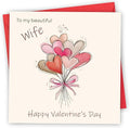 Valentines Card for Wife. Bunch of Heart Balloons Design. Premium card with red foil and gloss UV. 4pp 150x150mm Size. Wife Valentine's Card with Red Envelope. Verse Inside. Printed and Packed in UK.