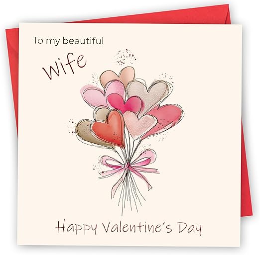 Valentines Card for Wife. Bunch of Heart Balloons Design. Premium card with red foil and gloss UV. 4pp 150x150mm Size. Wife Valentine's Card with Red Envelope. Verse Inside. Printed and Packed in UK.