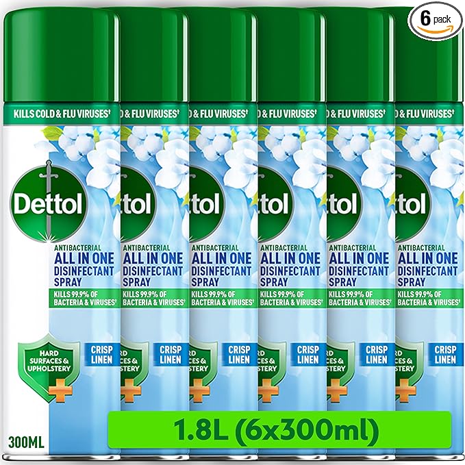 Dettol, Antibacterial All In One Disinfectant Spray, Crisp Linen, 1.8L (300ml x 6pck) Household Sanitiser, Hard Surfaces, Upholstery, No Wiping Required, Kills 99.9 Percent of Germs