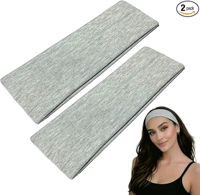 WESTEND CHOICE 7cm Wide Headbands 2 Pack Plain Stretchy Hairband Unisex Kylie Headband Bandeau Gym Exercise Headbands for Women & Men Soft Yoga Head Band (Grey)