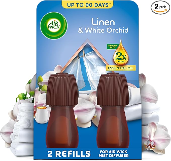 Air Wick Essential Mist Twin Refills, Linen & White Orchid, Pack 2 x 20ml, Natural Essential Oils, Last up to 90 days, Air freshener