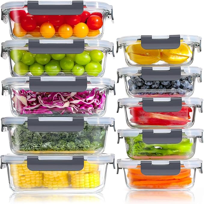 YASHE Glass Containers with Lids, 10 Pack Thick & Durable Food Containers - Stackable Airtight Glass Meal Prep Containers, BPA-Free Food Storage for Microwave, Oven, Freezer and Dishwasher