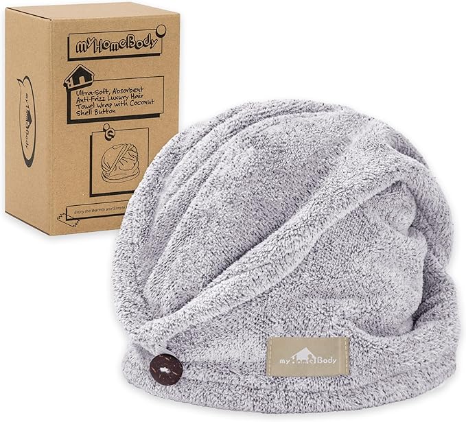 myHomeBody Hair Towel Wrap, Luxury Rapid-Dry Hair-Drying Turban, Ultra Soft and Quick Drying Absorbent Charcoal Fiber, with Coconut Shell Button - Gray