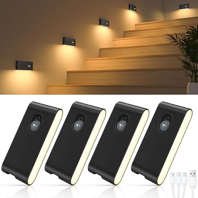 WILLED Stair Lights, Rechargeable Motion Sensor Light, Wireless Night Light (Auto/ON/Off), Magnetic Stick on Lights for Wardrobe, Hallway, Stairs, Bedroom (4 Pack)[Energy Class E]