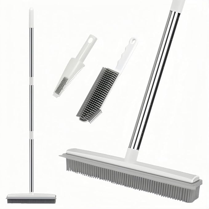 Rubber Broom, 2 in 1 Rubber Broom with Squeegee, Adjustable Long Handle Rubbers Brooms, Floor Scrubing Brush, for Pet Cat Dog Hair Removal Carpet Kitchen Garden Yard Window Cleaning,White