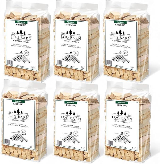 Log Barn Kiln-Dried Kindling Wood for Wood Burner – approx. 13kg (6 x 15l Bags) | Bumper Pack Kindling Sticks for Log Burners, Fire Pits, Pizza Ovens & Open Fires - Ideal for Home & Commercial Use.