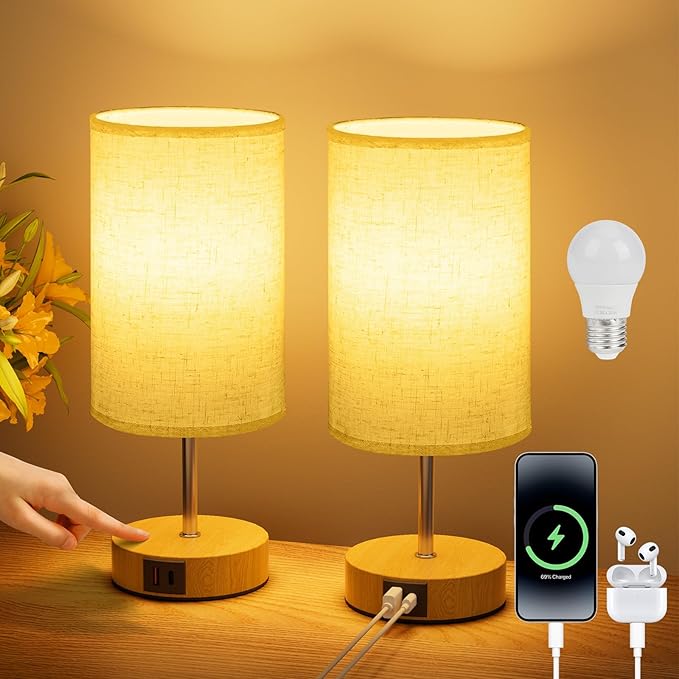 Suright Bedside Lamps Set of 2, Touch Lamps Bedside with USB A+C Charging Ports, 3-Way Dimmable Table Lamp, Small Lamp for Bedroom Living Room with Linen Fabric Shade (LED Bulb Included)