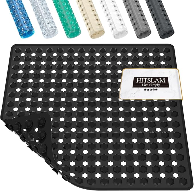 HITSLAM Shower Mat Non Slip Anti Mould, Bath Mat Anti Slip With Suction Cups and Drain Holes, Square Shower Mat for Inside Shower 53 x 53cm, Machine Washable Bath Mat for Tub, Black