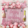 Pink Birthday Decorations for Girls and Women - Pink Party Decorations with Happy Birthday Balloons, Foil Fringe Curtain, Crown Champagne Lipstick Love Foil Balloons for Girls Princess Party Supplies