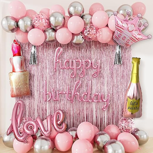 Pink Birthday Decorations for Girls and Women - Pink Party Decorations with Happy Birthday Balloons, Foil Fringe Curtain, Crown Champagne Lipstick Love Foil Balloons for Girls Princess Party Supplies