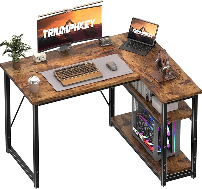 100 * 80cm L Shaped Computer Desk with Reversible Large Storage Shelves, Corner Desk Computer Workstation Matching Under Desk Height Adjustable Storage, Home Office Work Table Brown