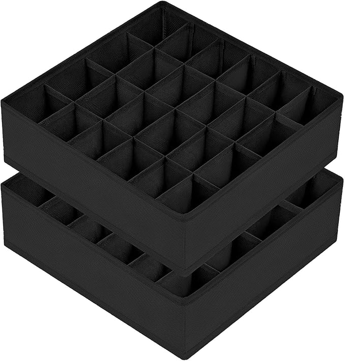 DIMJ Sock Drawer Organisers Dividers - 24 Cell Wardrobe Organiser, Collapsible Closet Cabinet Organiser for Storing Socks, Bra, Underwear, Handkerchiefs, Belts, Set of 2, Black