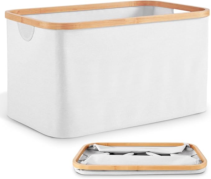 Collapsible Laundry Washing Baskets White Bamboo Cloth Fabric 50l Large Foldable Wash Clothes Storage Ironing Basket Folding Space Saving Laundry Hamper