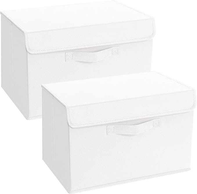 Foldable Storage Boxes with Lids - Wardrobe Organiser Bin with Handle Fabric Basket Containers for Clothes, Book, Shelf, Office - 2 Pack White