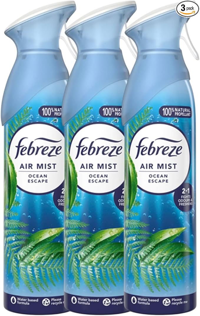 Febreze Air Freshener Spray OCEAN ESCAPE 185ml x 3 | Odour Eliminator with OdourClear Technology | Non-Flammable, Long-Lasting Room Freshener, Exotic Fruity Fragrance