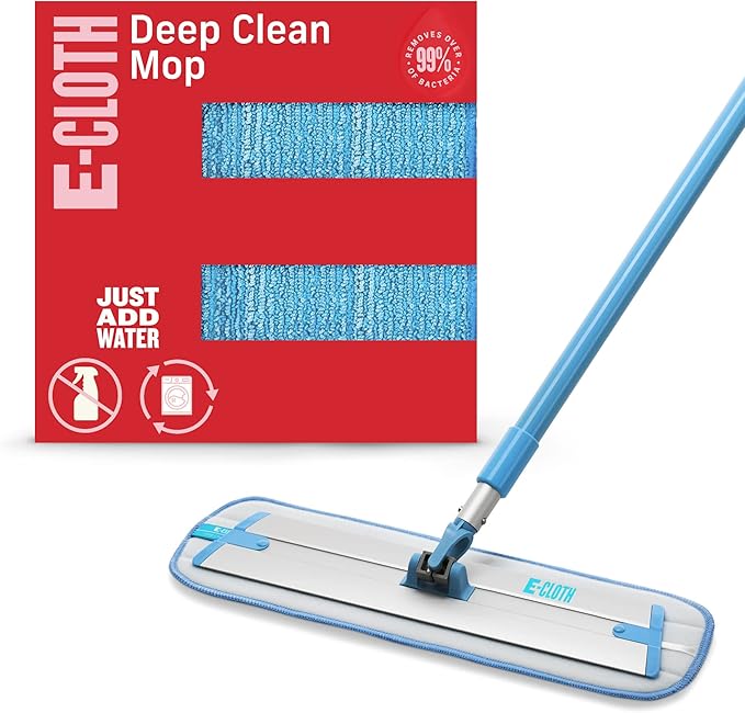 E-Cloth Deep Clean Mop, Microfibre Mop for Floor Cleaning, Great for Hardwood, Laminate, Tile and Stone Flooring, Washable and Reusable, Blue & Silver, 1 Pack