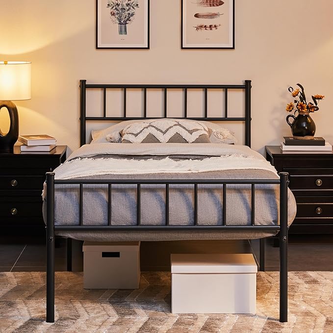 Yaheetech 3ft Single Metal Bed Frame Modern Style Bed Frame with Headboard and Footboard, Solid Slatted Base Black
