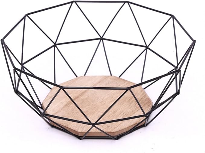 Carousel Home and Gifts Black Geometric Metal Wire Wooden Base Decorative Storage/Display Basket Fruit Bowl