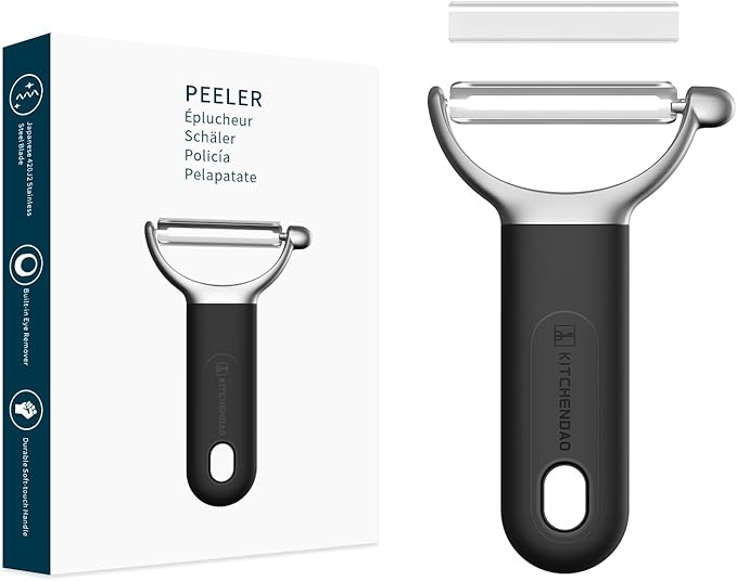KITCHENDAO Swivel Vegetable Peeler for Kitchen - Japanese 420J2 Stainless Steel Sharp Dual Durable Blade-Built-in Potato Eye Remover, Ergonomic Soft-Touch Handle-Dishwasher Safe-Black
