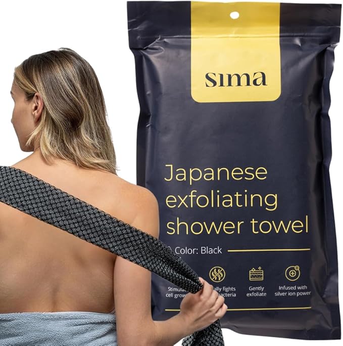 Exfoliating Washcloth Face & Body Scrub Towel - Japanese Exfoliating with Hexagon Fibers, Body Scrubber with 2 Sides for Scrubbing & Washing, Extra Long Towel (Black)