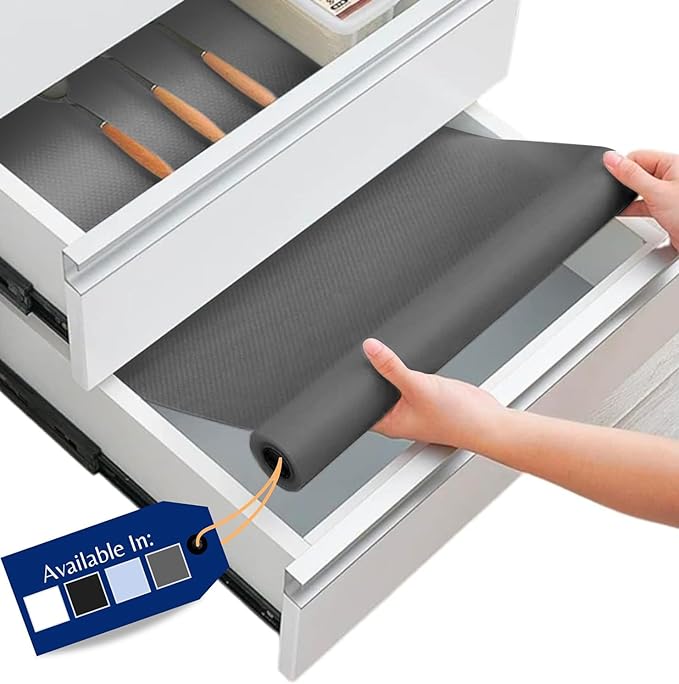 Kitchen Drawer Liners by Linda’s Essentials (44.5 x 500 cm) - Non-Slip Cupboard & Fridge Mats, Protects from Spills, Multi-Use Shelf & Cabinet Liner, Great Kitchen Accessory (Grey)